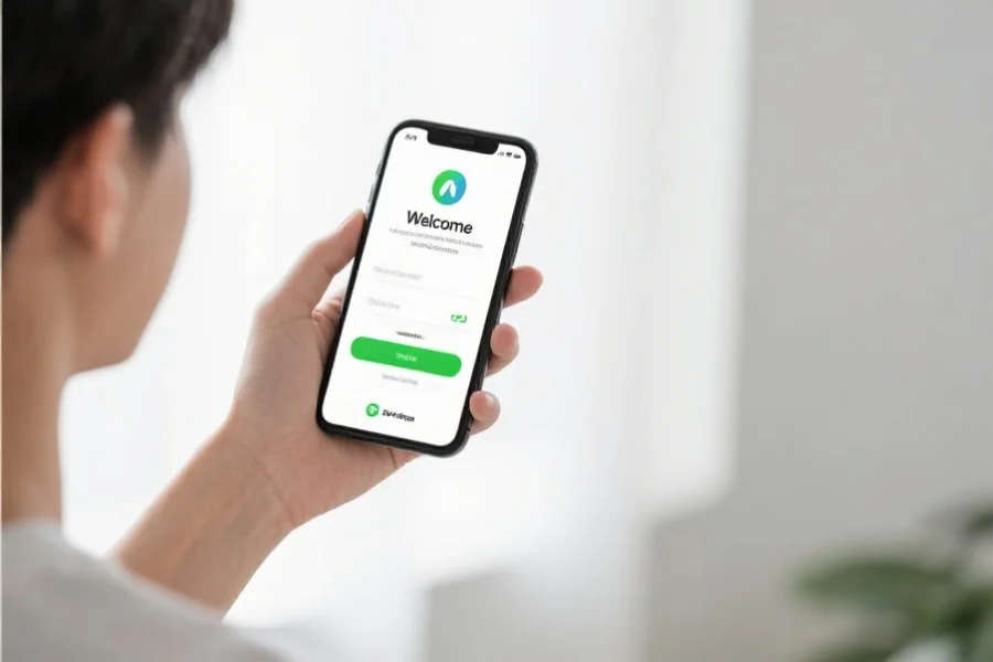 年轻用户在手机上首次登录体育app,屏幕显示欢迎界面和新手指引,背景干净明亮